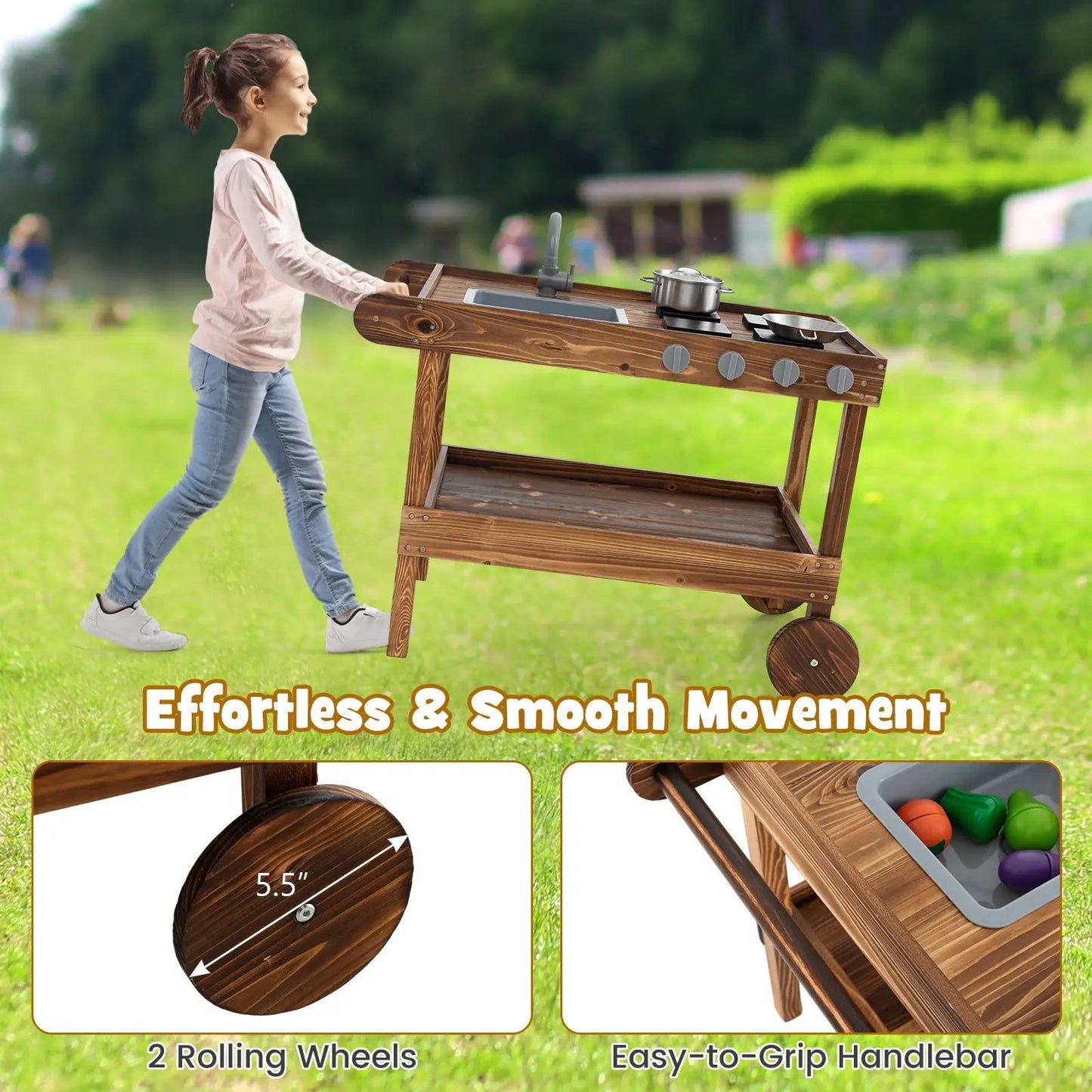 Outdoor Movable Mud Kitchen with 2 Rolling Wheels and 1 Push Handle-Natural - Tampa Home & Garden Store