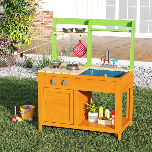 Outdoor Mud Kitchen Playset DirectDeals orange frame with lime-green includes pots and utensils on Tampa Home & Garden Store