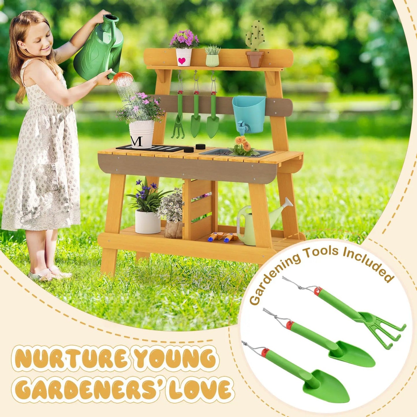 Wooden outdoor mud kitchen for kids yellow play kitchen with hanging utensils and plant pots on Tampa Home & Garden Store