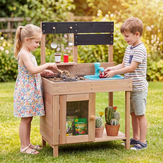 Wooden play kitchen set with stove, blue sink and storage in natural wood by DirectDeals on Tampa Home & Garden Store