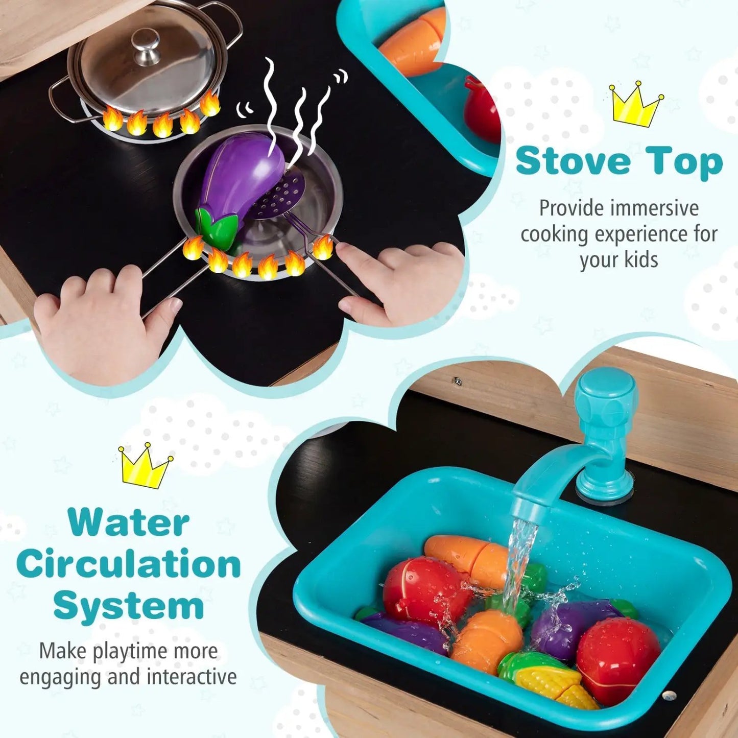 Wooden Play Kitchen Stove Storage Water System