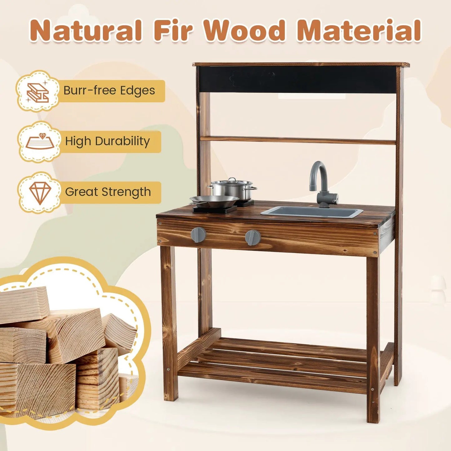 Outdoor Mud Kitchen for Kids with Rotatable Faucet and Removable Sink-Natural - Tampa Home & Garden Store