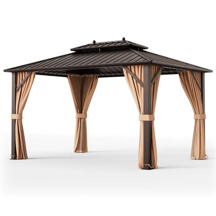 Outdoor Oasis Rattan Gazebo with beige curtains and dark brown frame on Tampa Home & Garden Store