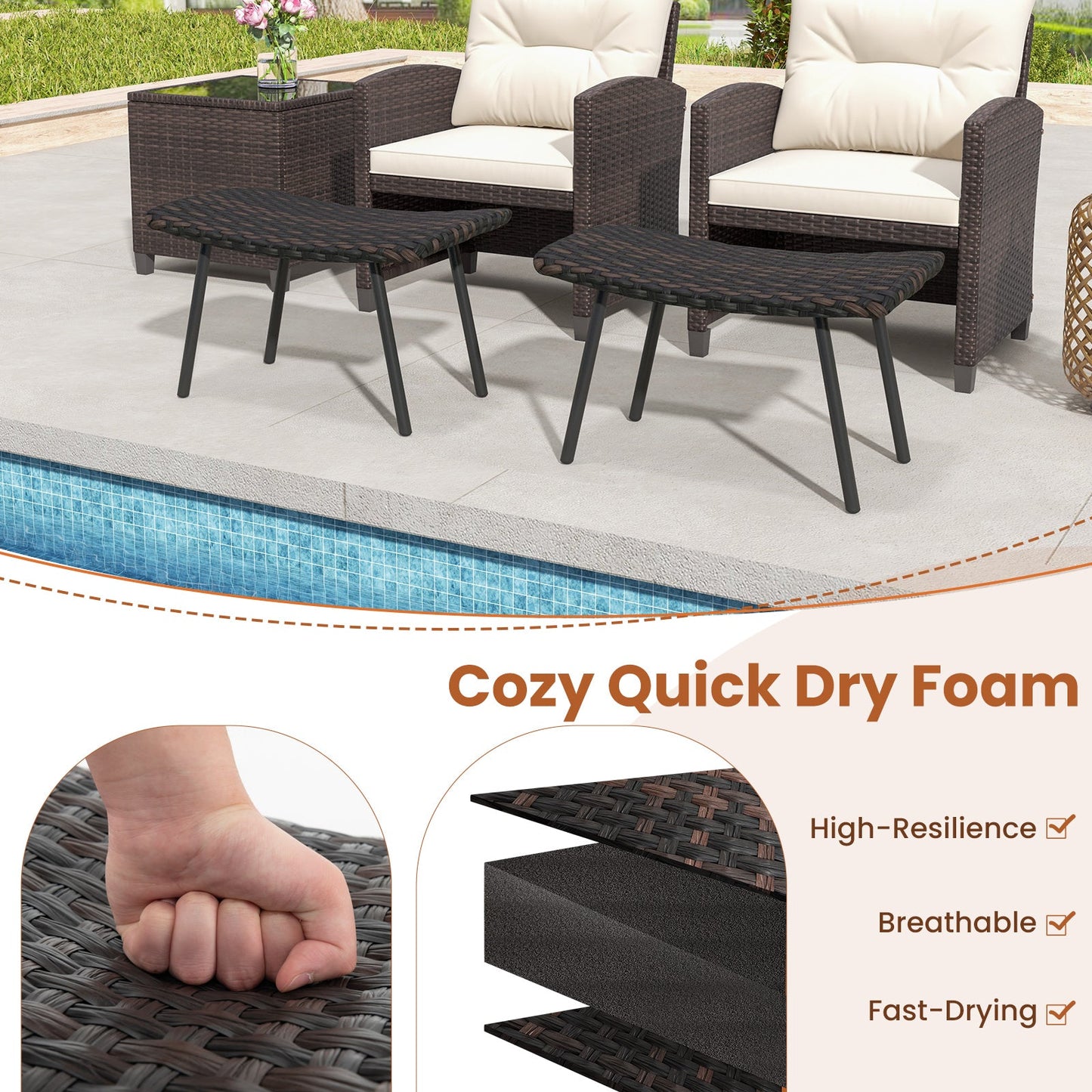 All Weather Outdoor Ottomans Set with Metal Legs; two brown woven stools with black legs on Tampa Home & Garden Store