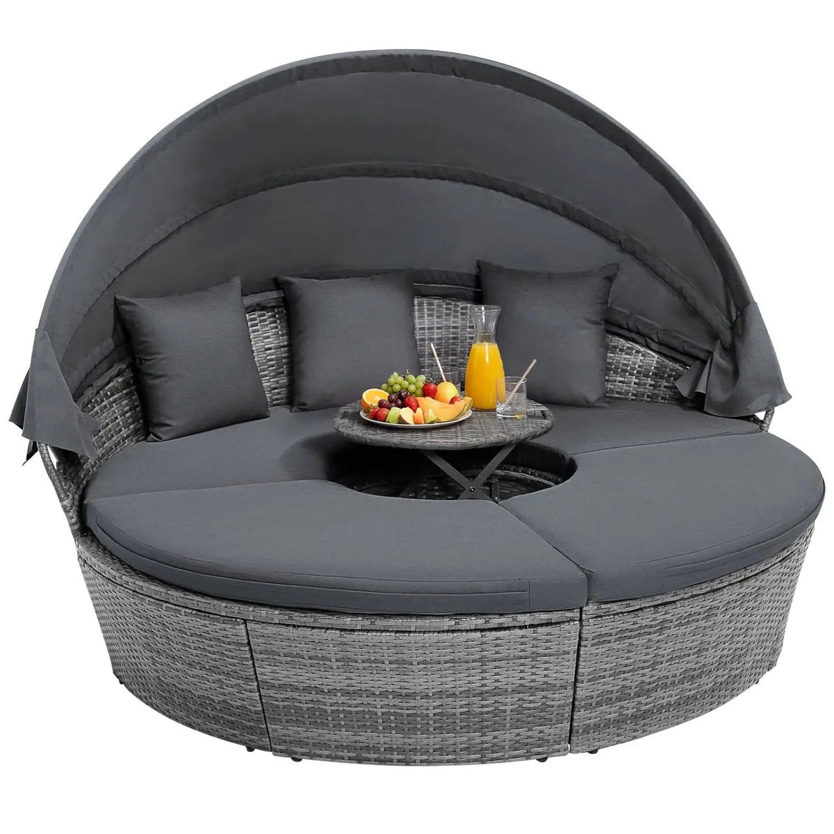 Wicker round daybed with navy canopy and cushions for outdoor use on Tampa Home & Garden Store