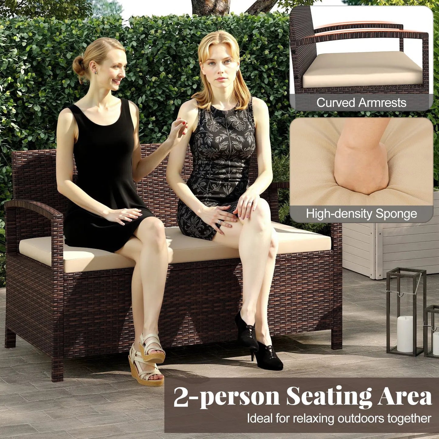 DirectDeals Wicker Storage Bench 2-Seater with beige cushions and deck box on Tampa Home & Garden Store