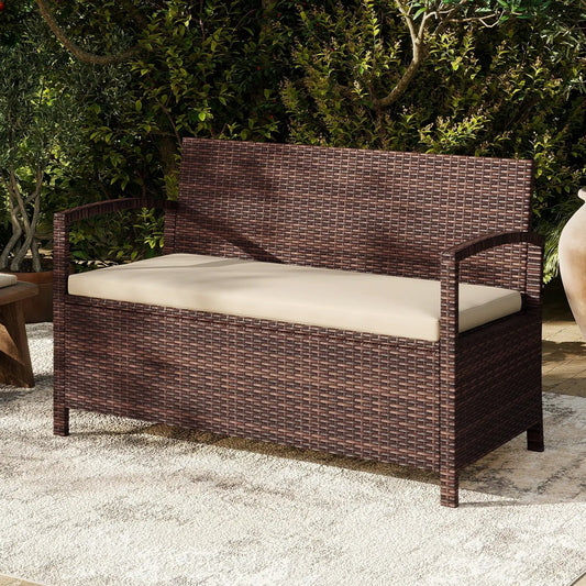 DirectDeals wicker storage bench 2 seater with beige cushion outdoor deck box on Tampa Home & Garden Store
