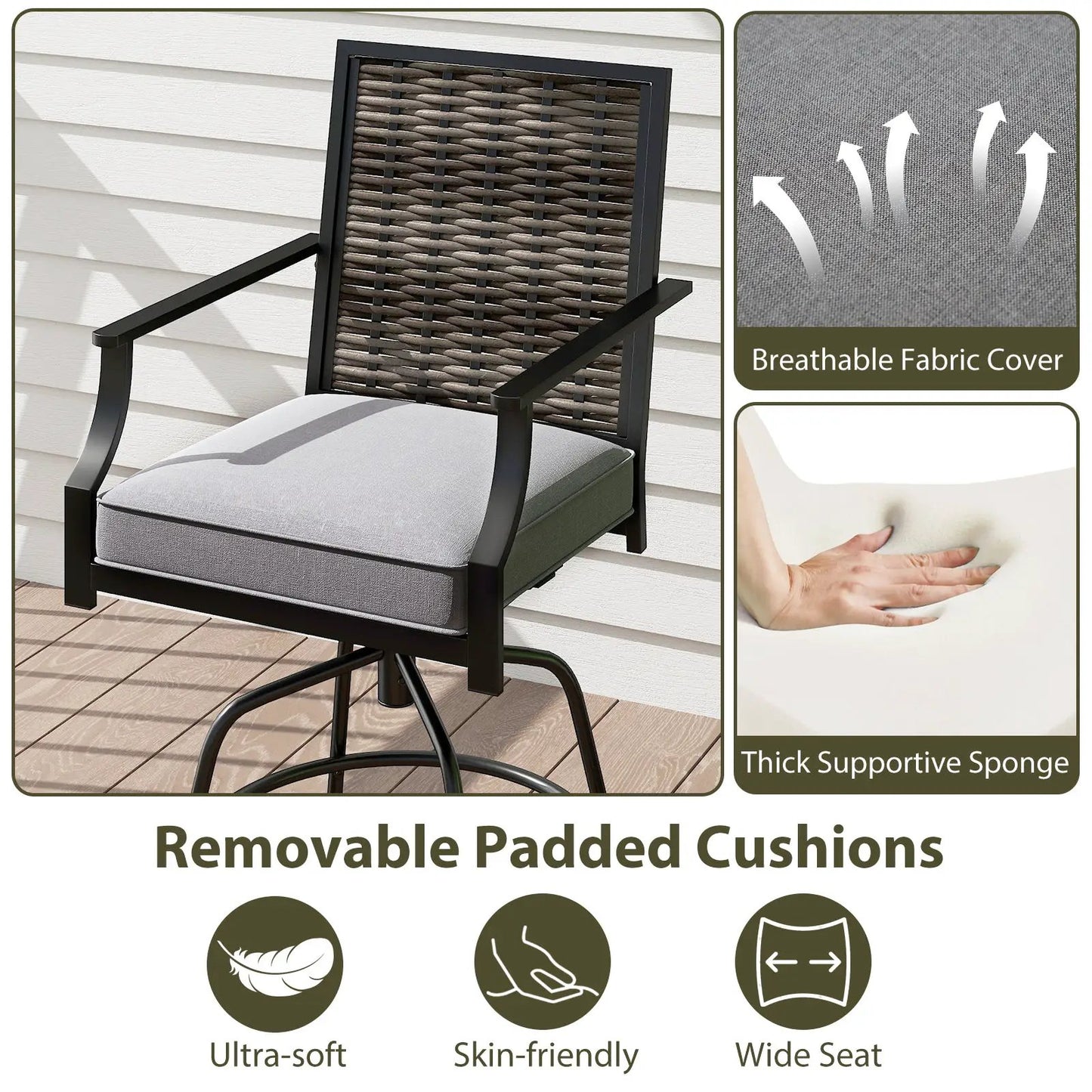 DirectDeals outdoor PE wicker swivel bar stools 2-pack with grey cushions on Tampa Home & Garden Store