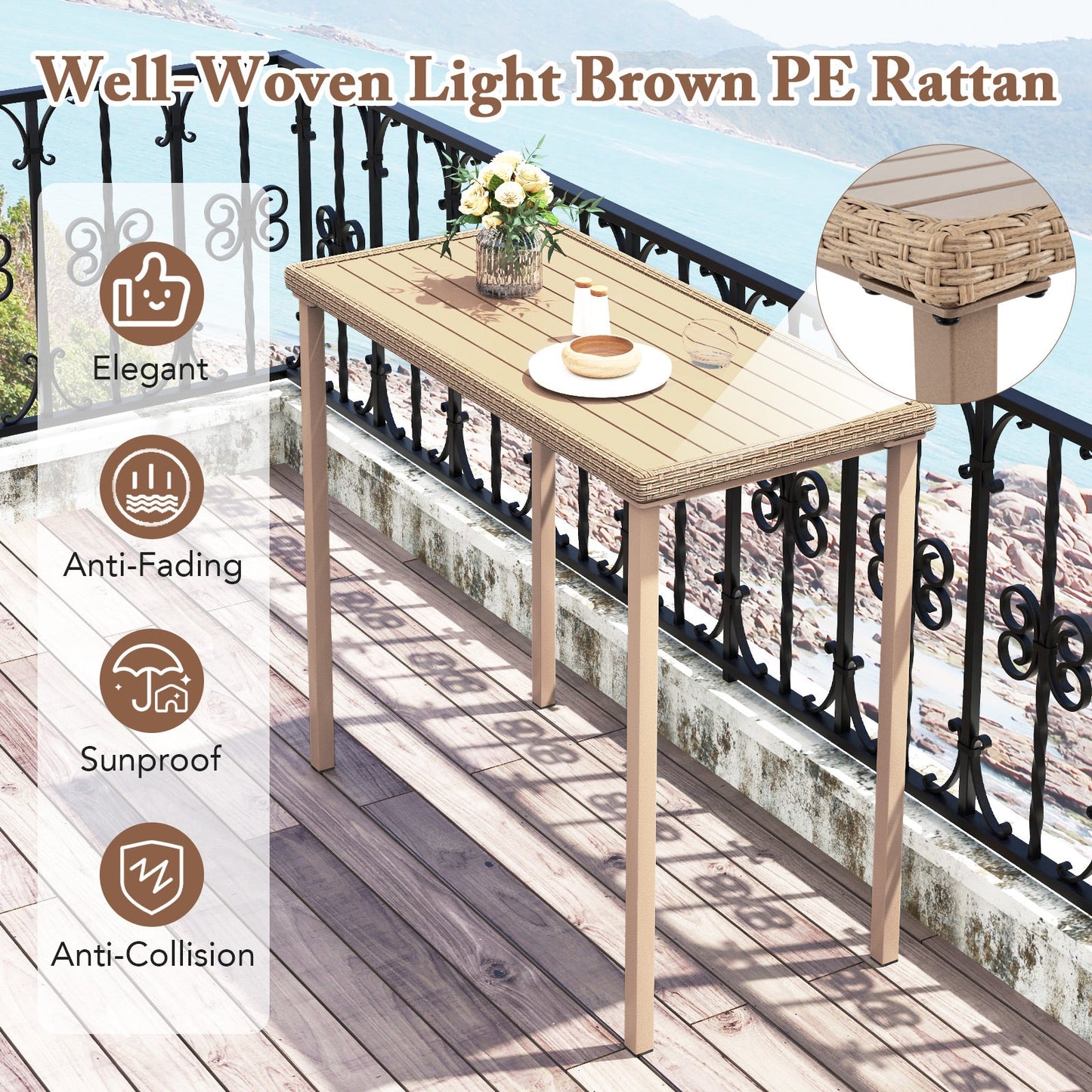 DirectDeals outdoor patio bar table with heavy duty brown frame and tan slatted top on Tampa Home & Garden Store