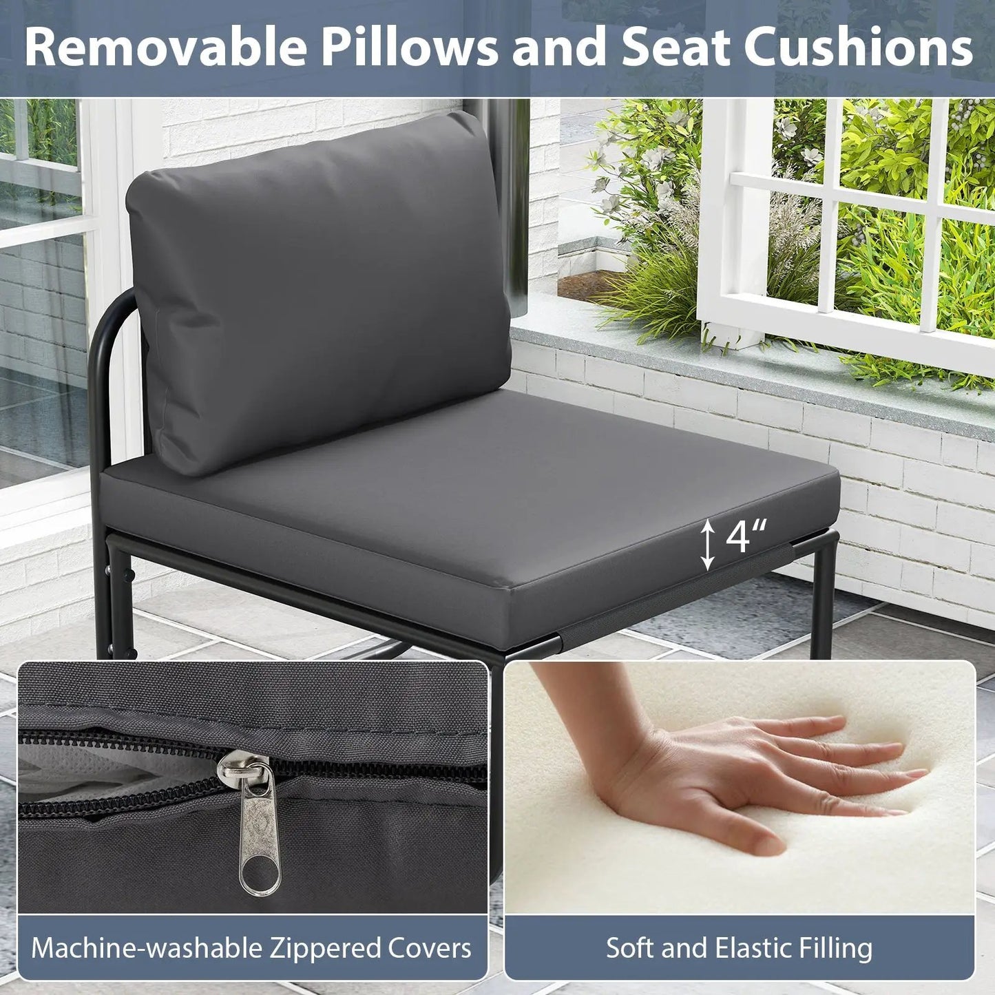 Outdoor patio chairs set of 2 with gray removable cushions and zippered covers on frames on Tampa Home & Garden Store