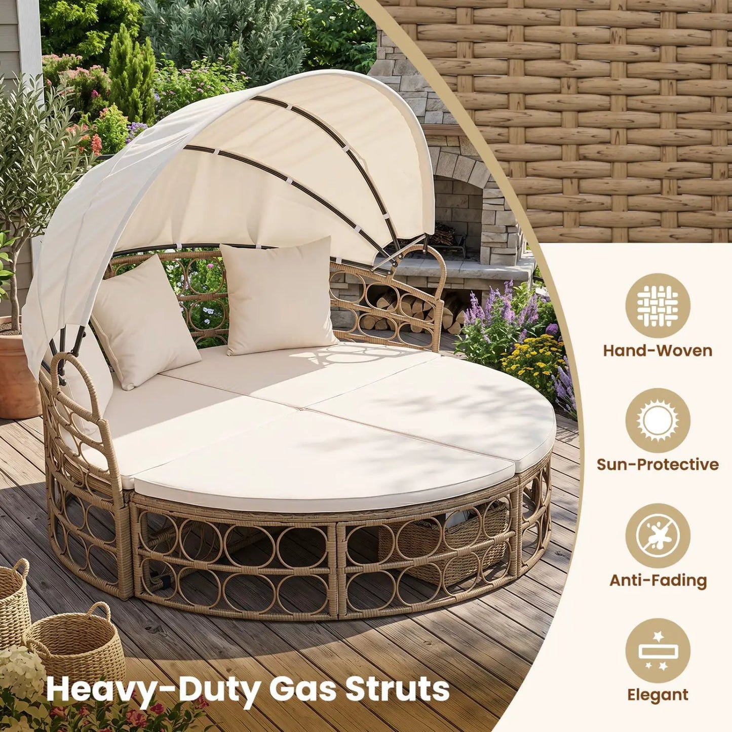 Outdoor Patio Daybed with Retractable Canopy and Beige Cushions hand-woven rattan DirectDeals on Tampa Home & Garden Store