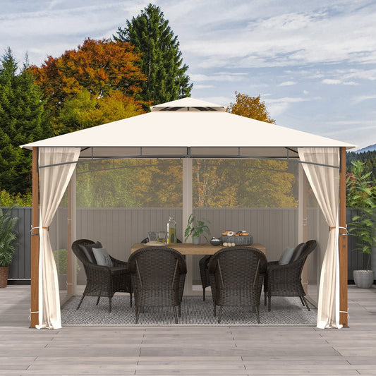 12 x 10 Feet Outdoor Patio Gazebo with Netting and 2-Tier Canopy Roof-Beige