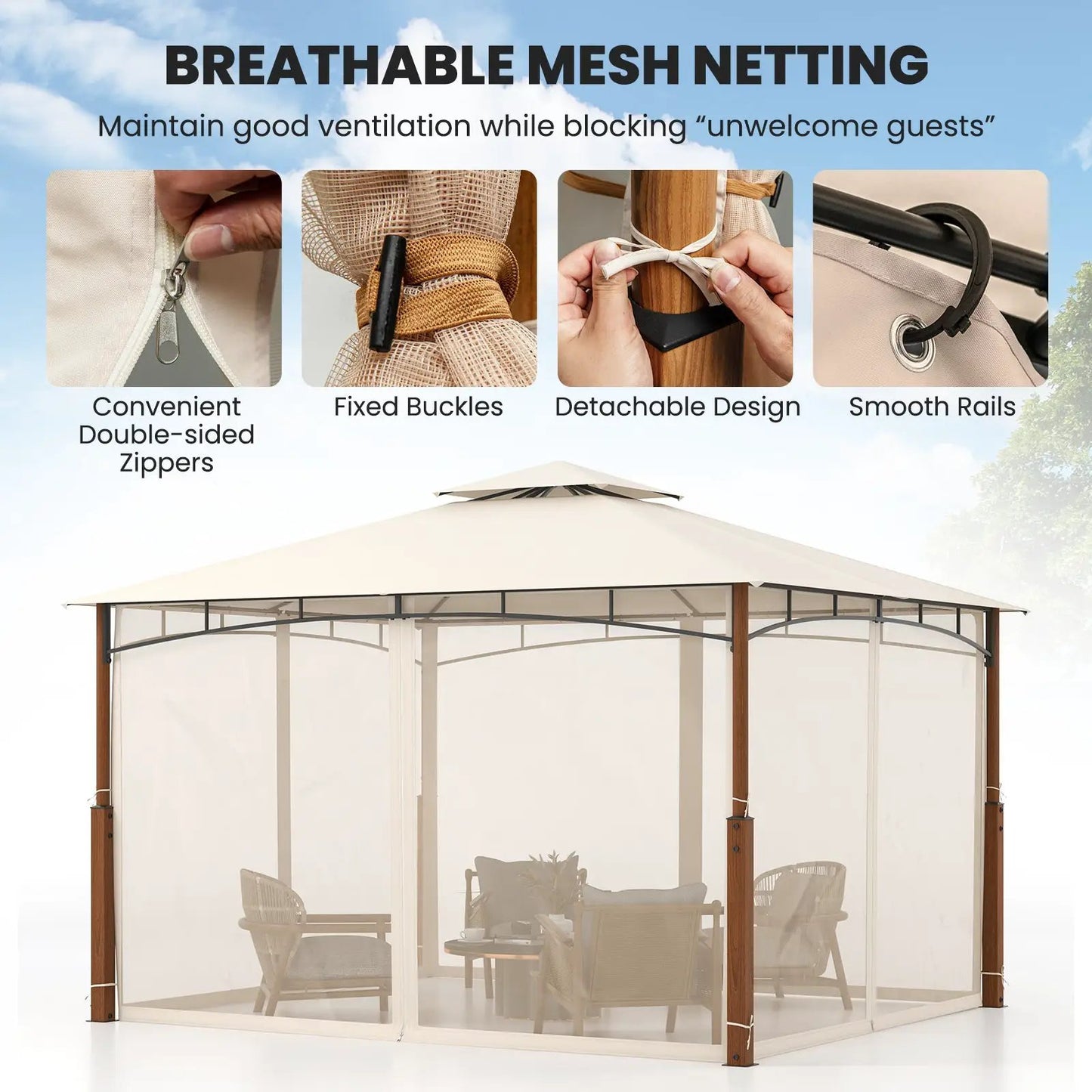 Patio Gazebo with Netting and Two-Tier Beige Canopy, wood posts and mesh walls 12x10 ft on Tampa Home & Garden Store
