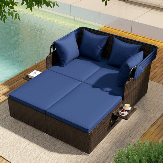 Outdoor Patio Rattan Daybed with Retractable Canopy and Side Tables - Tampa Home & Garden Store