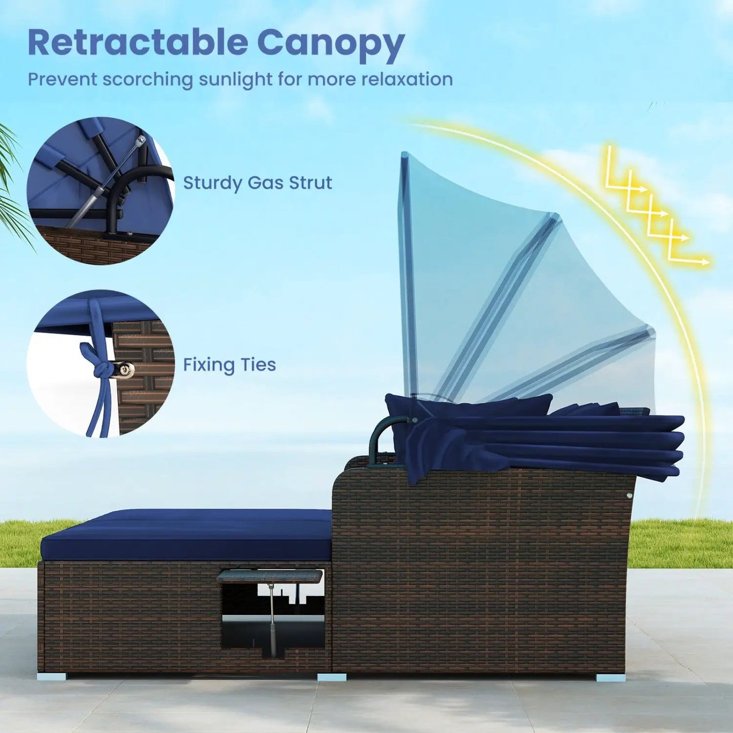 Outdoor patio rattan daybed with navy cushions and retractable canopy, brown wicker frame on Tampa Home & Garden Store