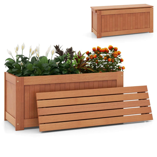 Wooden outdoor planter with built in seat in cedar finish, white calla lilies and orange roses on Tampa Home & Garden Store