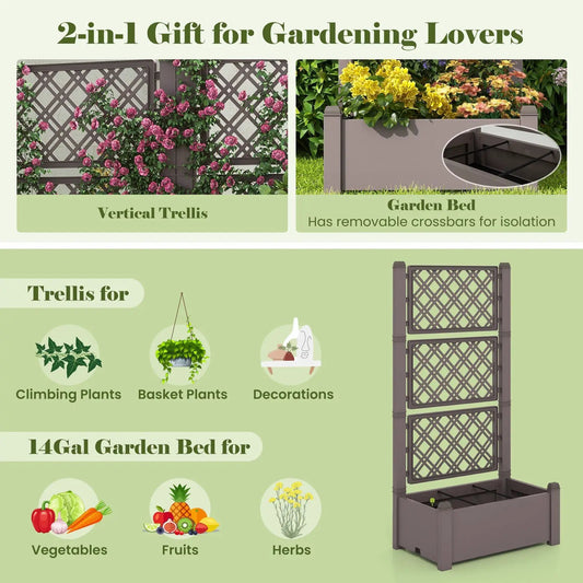 Outdoor planter box with self-watering trellis in taupe with vertical lattice and climbing roses on Tampa Home & Garden Store