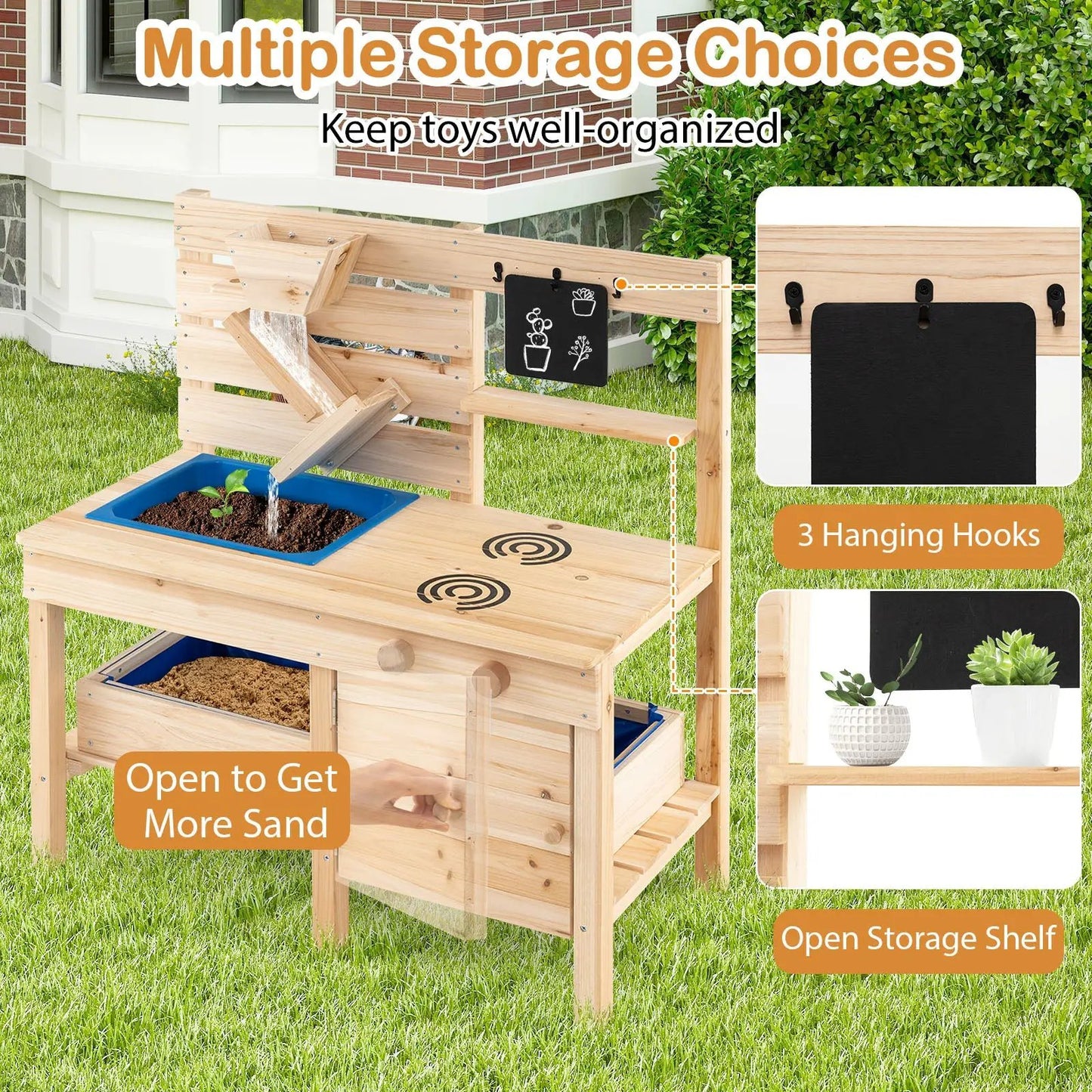 Outdoor wooden play kitchen with sandbox and sink in natural finish on Tampa Home & Garden Store