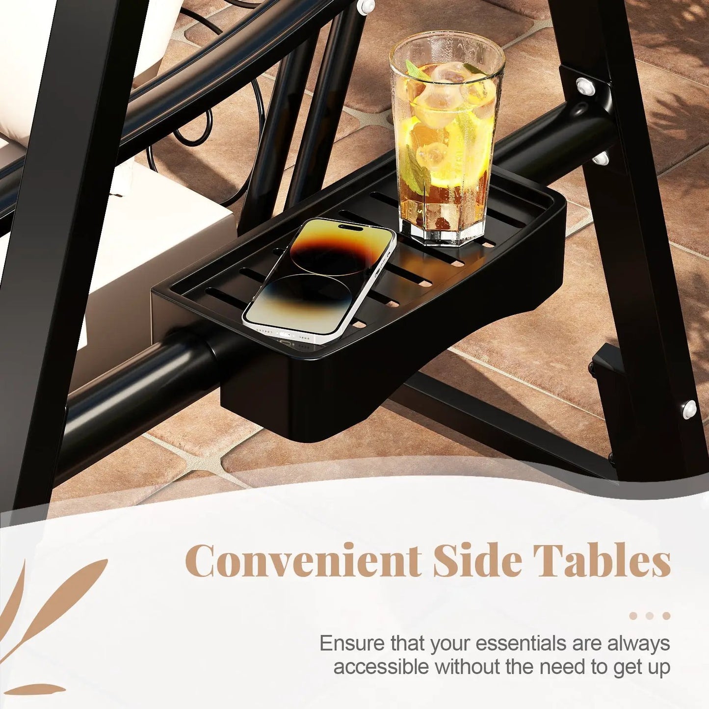 Outdoor porch swing with removable cushions, black frame, side tray holds phone and lemon drink on Tampa Home & Garden Store