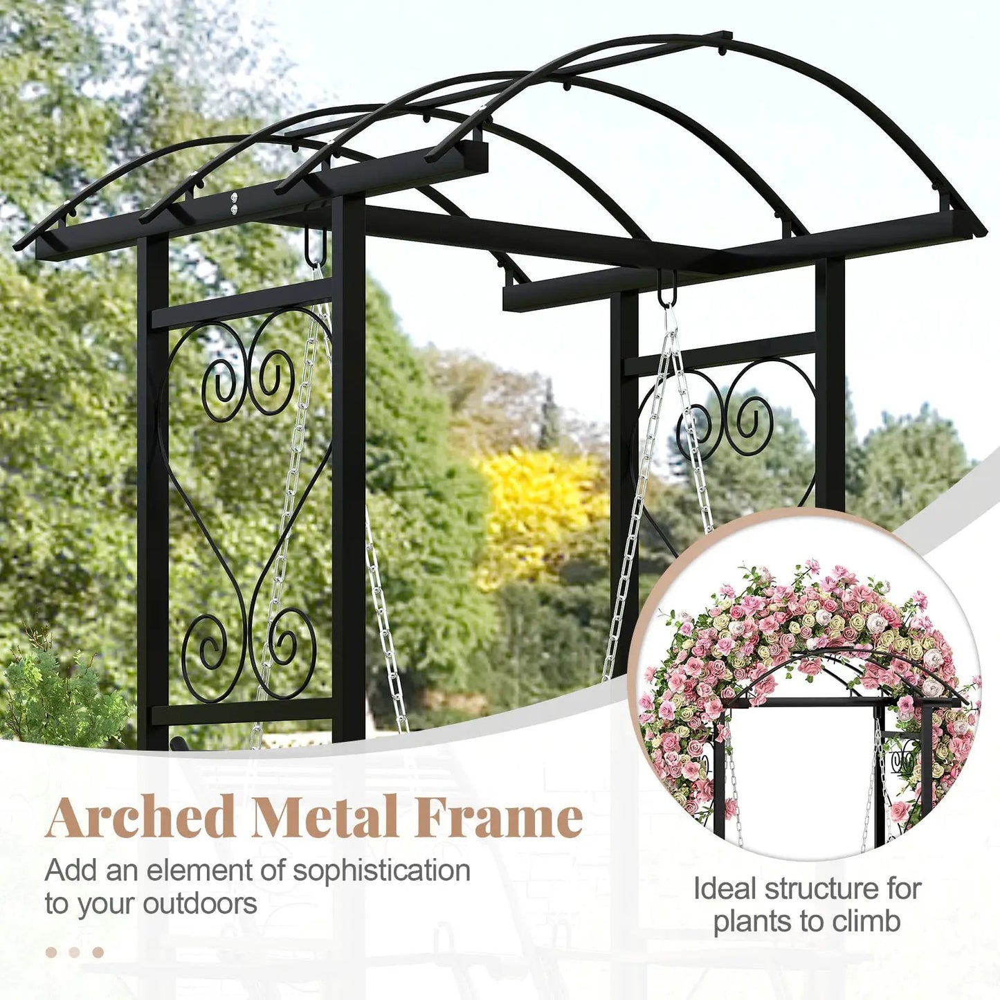 Outdoor porch swing with stand in black arched metal frame and trellis panels DirectDeals on Tampa Home & Garden Store