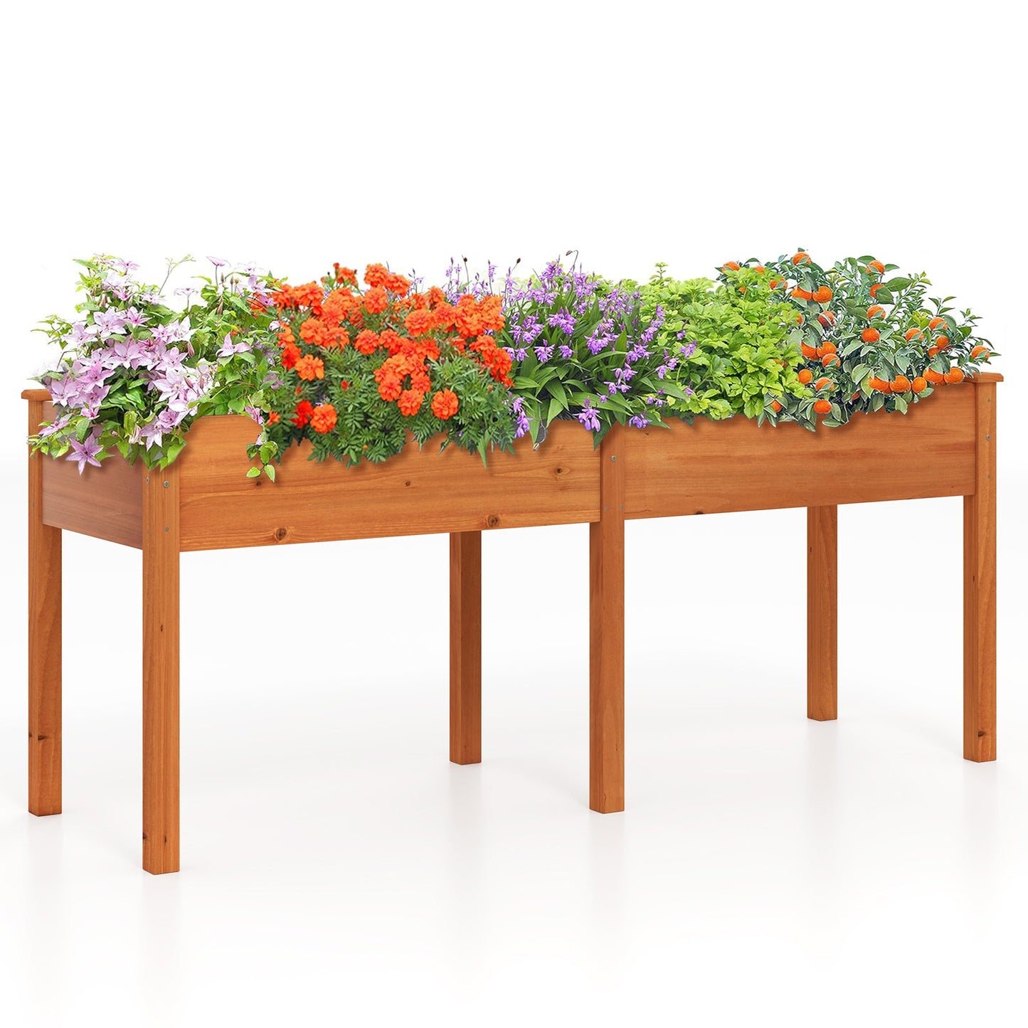 Cama de jardín elevada de madera de abeto para exteriores con panel divisor y orificios de drenaje-Natural