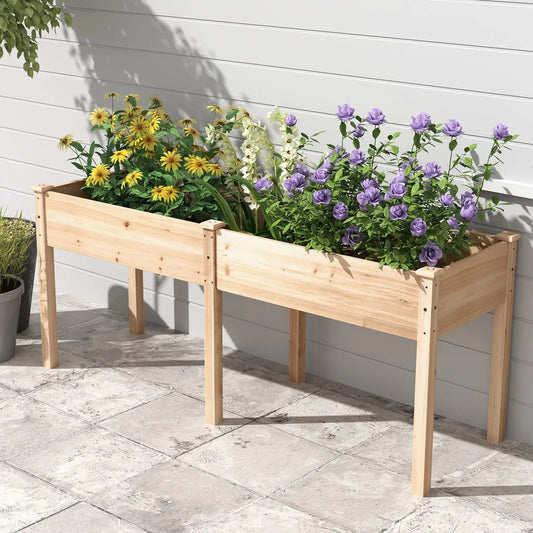 Fir Wood Outdoor Raised Garden Bed with Divider Panel and Drainage Holes-Natural - Tampa Home & Garden Store