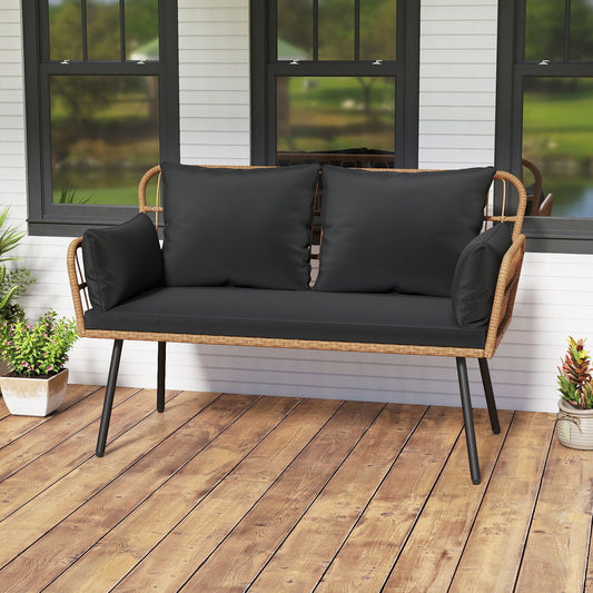 Outdoor Rattan 2-Seat Chair with Seat Back Cushions and Heavy-Duty Metal Legs - Tampa Home & Garden Store