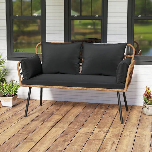 Outdoor rattan 2-seat chair with black cushions and tan wicker frame DirectDeals on Tampa Home & Garden Store