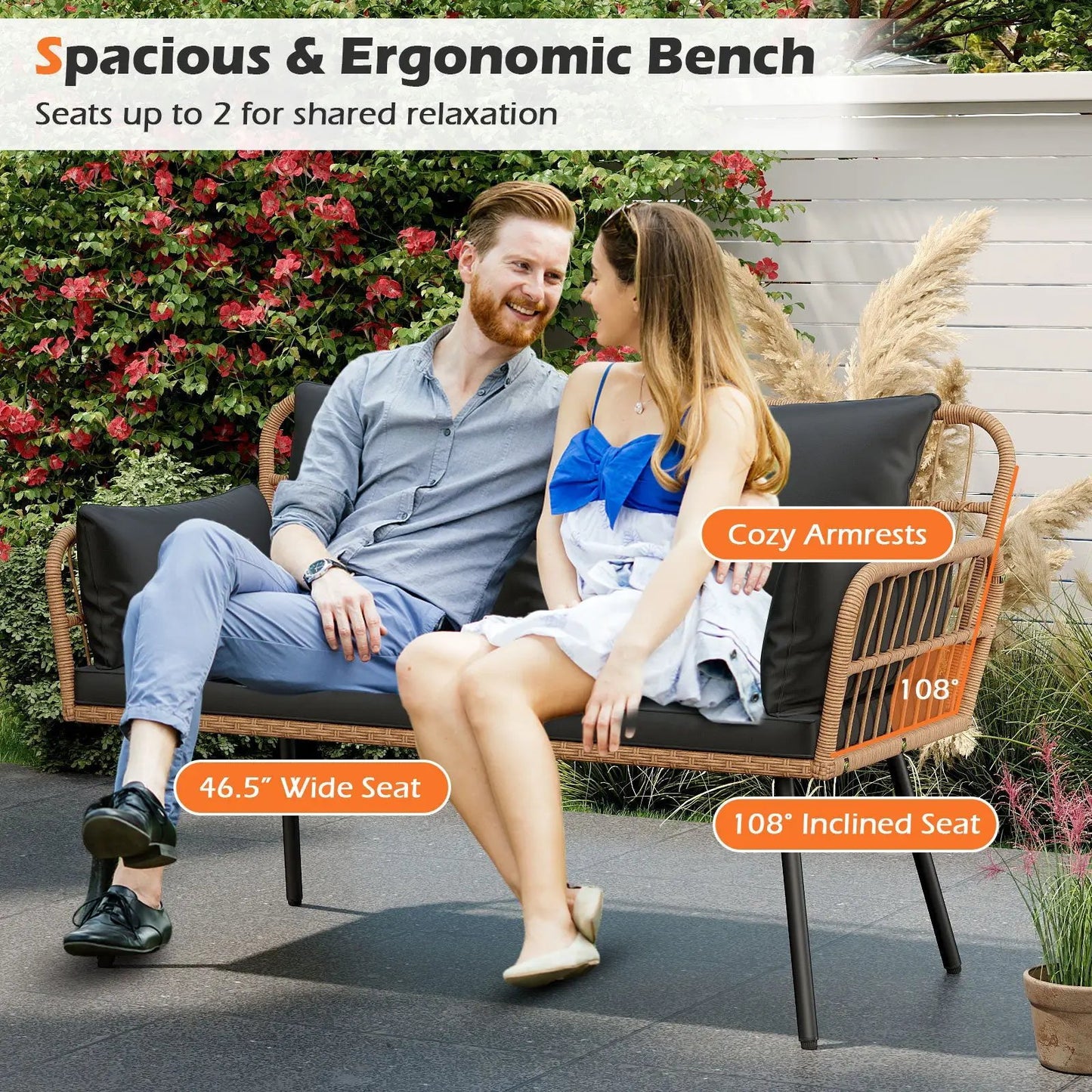 Outdoor rattan 2-seat loveseat with black cushions on metal legs DirectDeals on Tampa Home & Garden Store