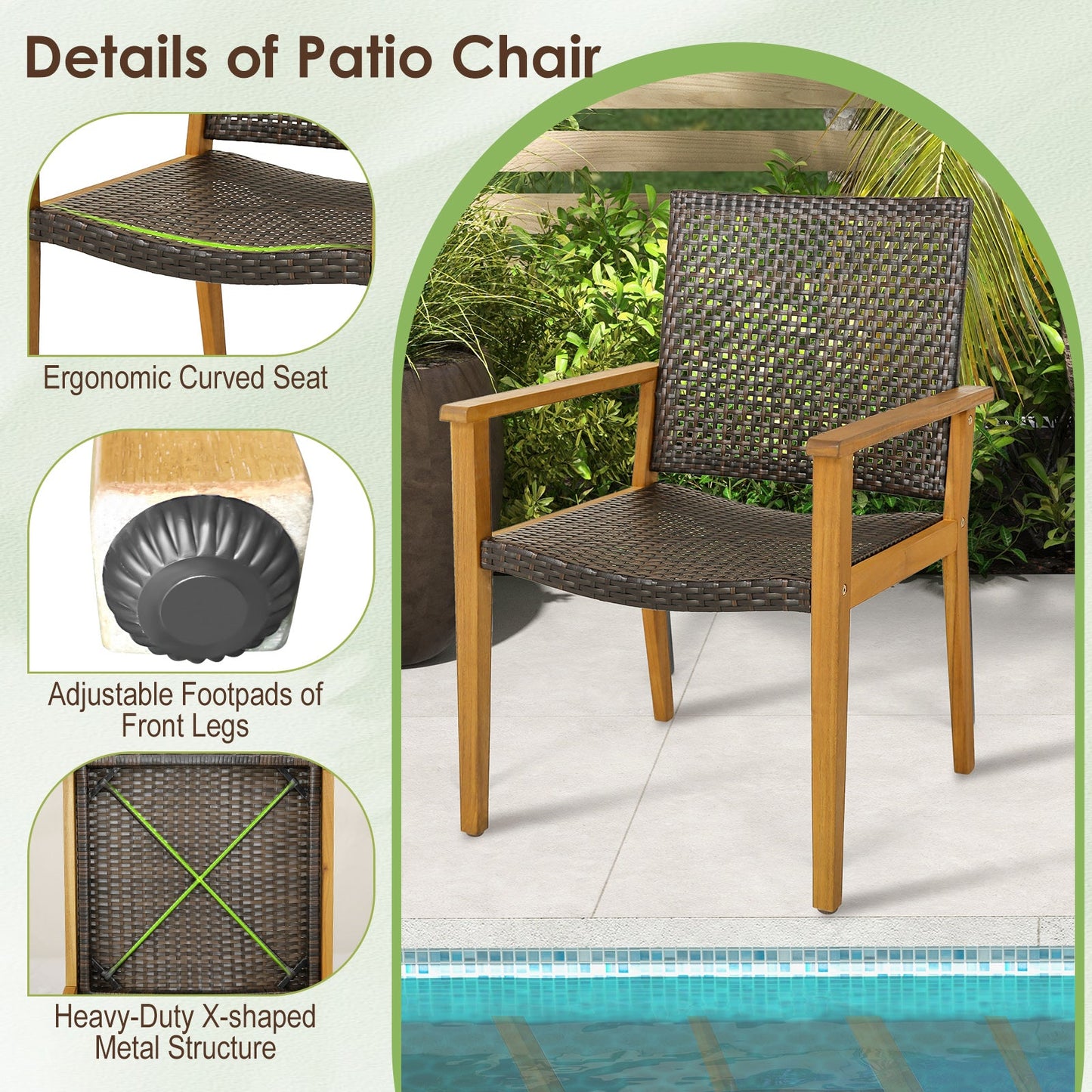 Set of 4 outdoor rattan chairs with acacia wood frame, brown woven seat and back on Tampa Home & Garden Store