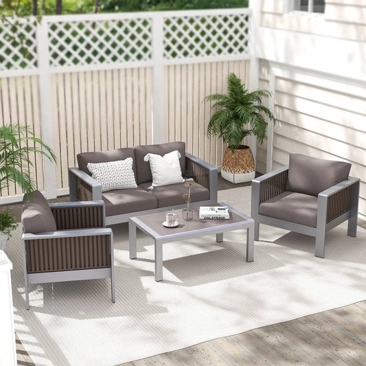 Outdoor Rectangle Coffee Table with Tempered Glass top in gray frame for patio seating on Tampa Home & Garden Store