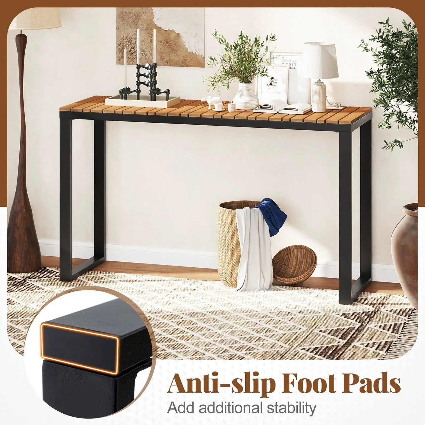 Outdoor Rectangle Console Table with WPC Top, wood slats, black metal frame DirectDeals on Tampa Home & Garden Store