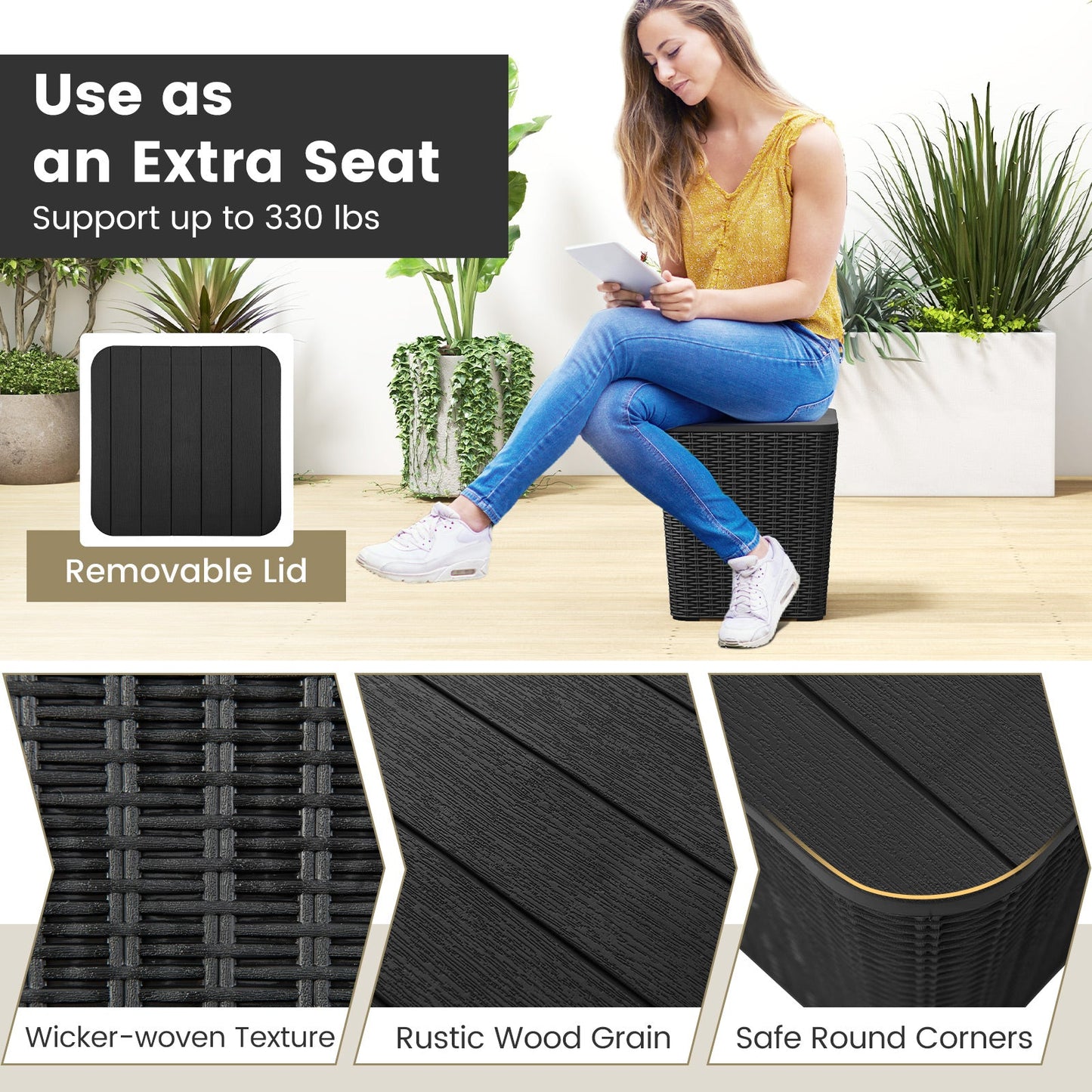 Outdoor Resin Storage Side Table with Removable Lid and Wicker-woven Accent-Black