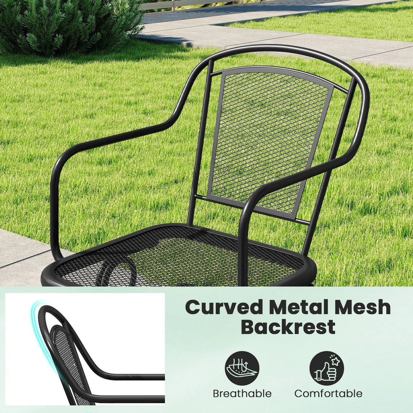 Outdoor rocking chair with curved black metal frame and mesh backrest on a green lawn on Tampa Home & Garden Store