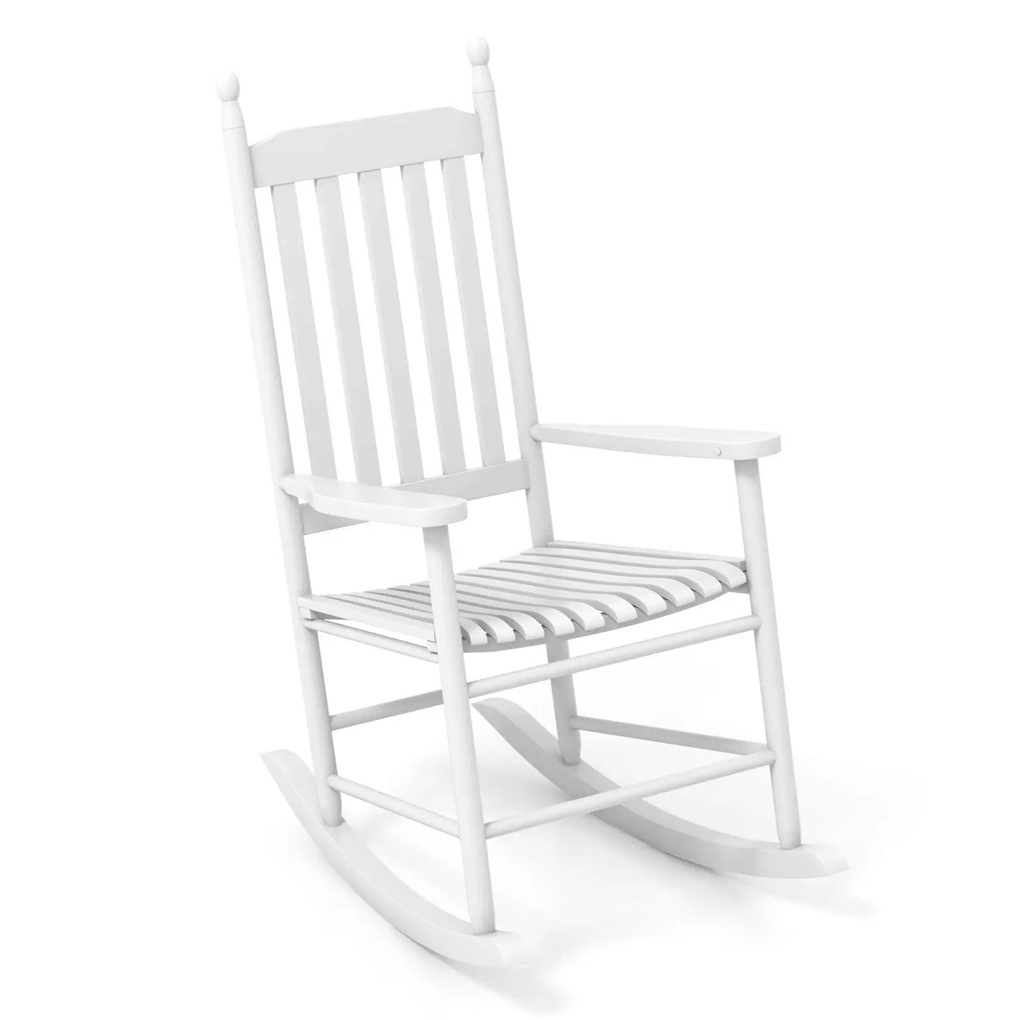 High-back acacia wood outdoor rocking chair with white finish and slatted seat on Tampa Home & Garden Store