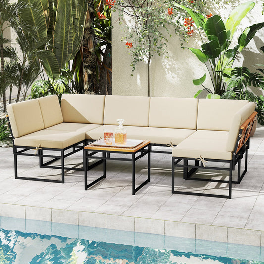 6 Piece Outdoor Sectional Sofa Set Metal Conversation Set with Cushions-Beige - Tampa Home & Garden Store
