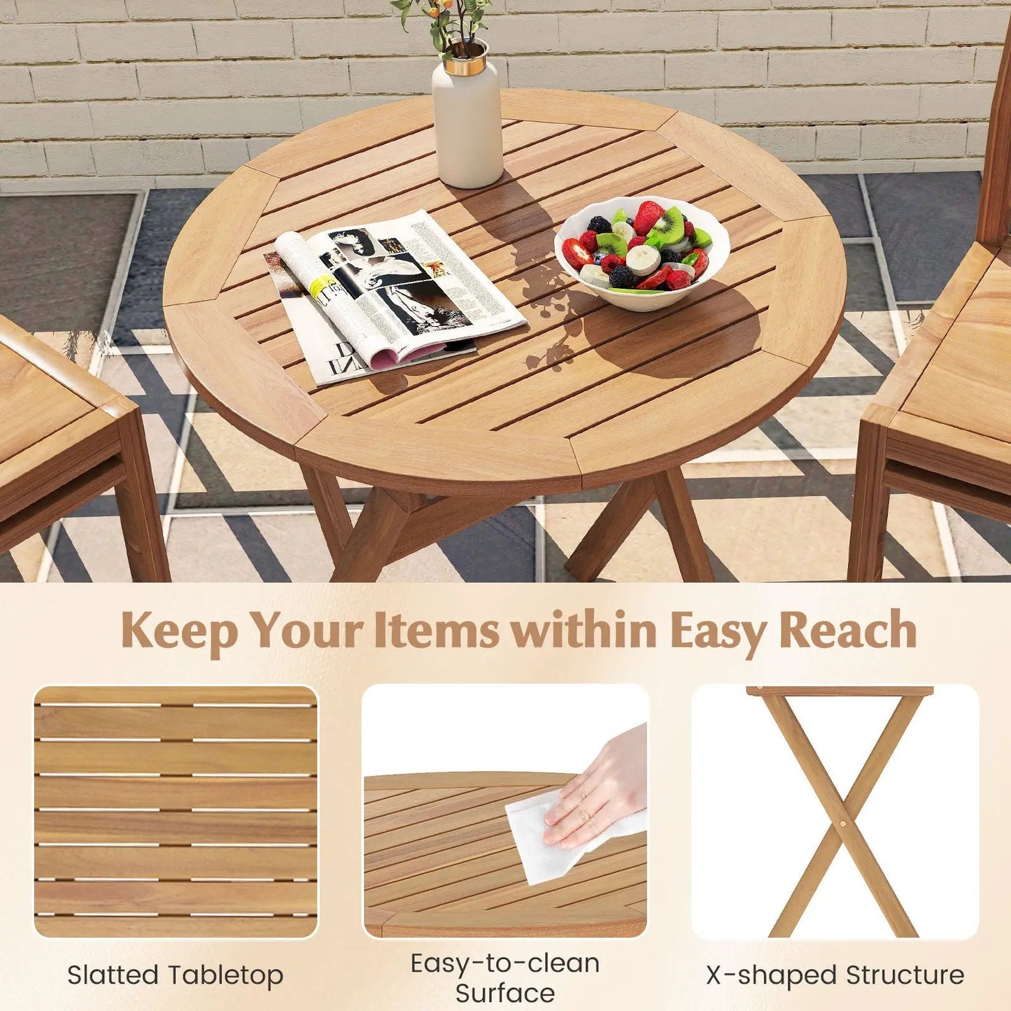 Outdoor round wooden side table with slatted top and X-shaped base on Tampa Home & Garden Store
