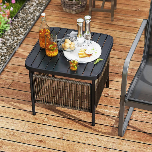 Outdoor side table with umbrella hole, black metal frame, slatted top and woven storage shelf, DirectDeals on Tampa Home & Garden Store
