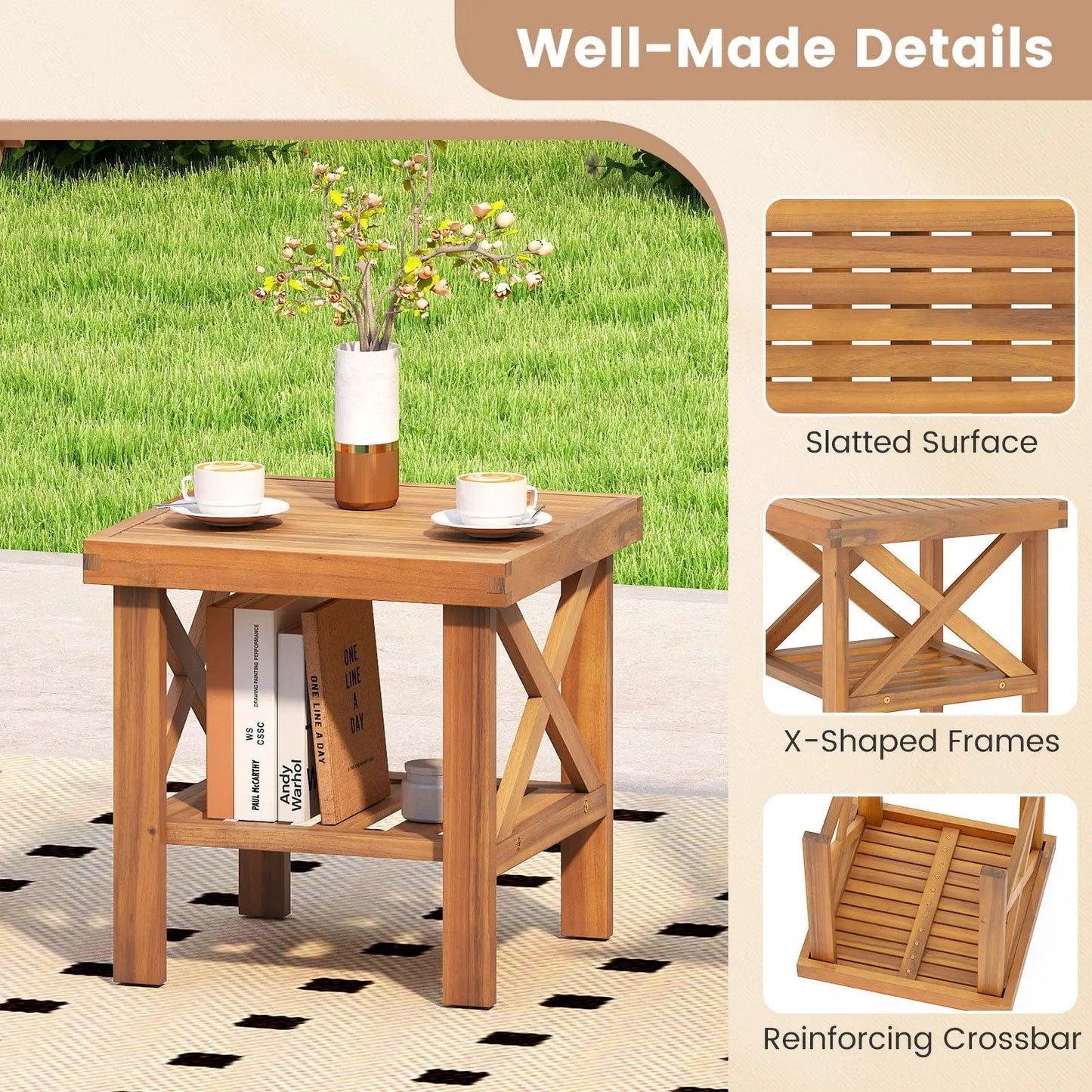 Outdoor side table with storage shelf in natural acacia wood, slatted top on a patio with cups on Tampa Home & Garden Store