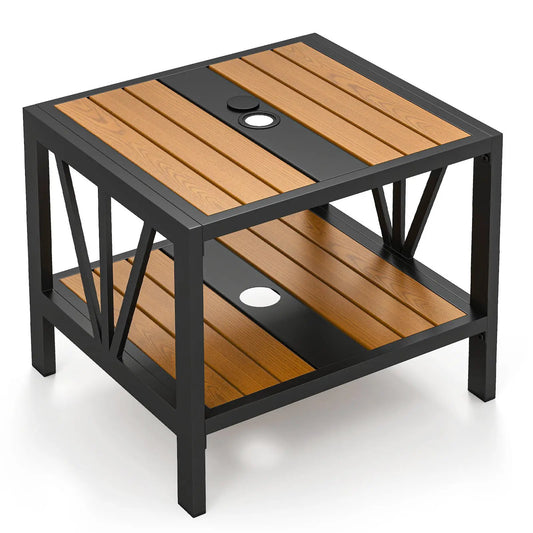 Outdoor Side Table with Umbrella Hole and Storage, black metal frame with warm wood slat top, DirectDeals on Tampa Home & Garden Store