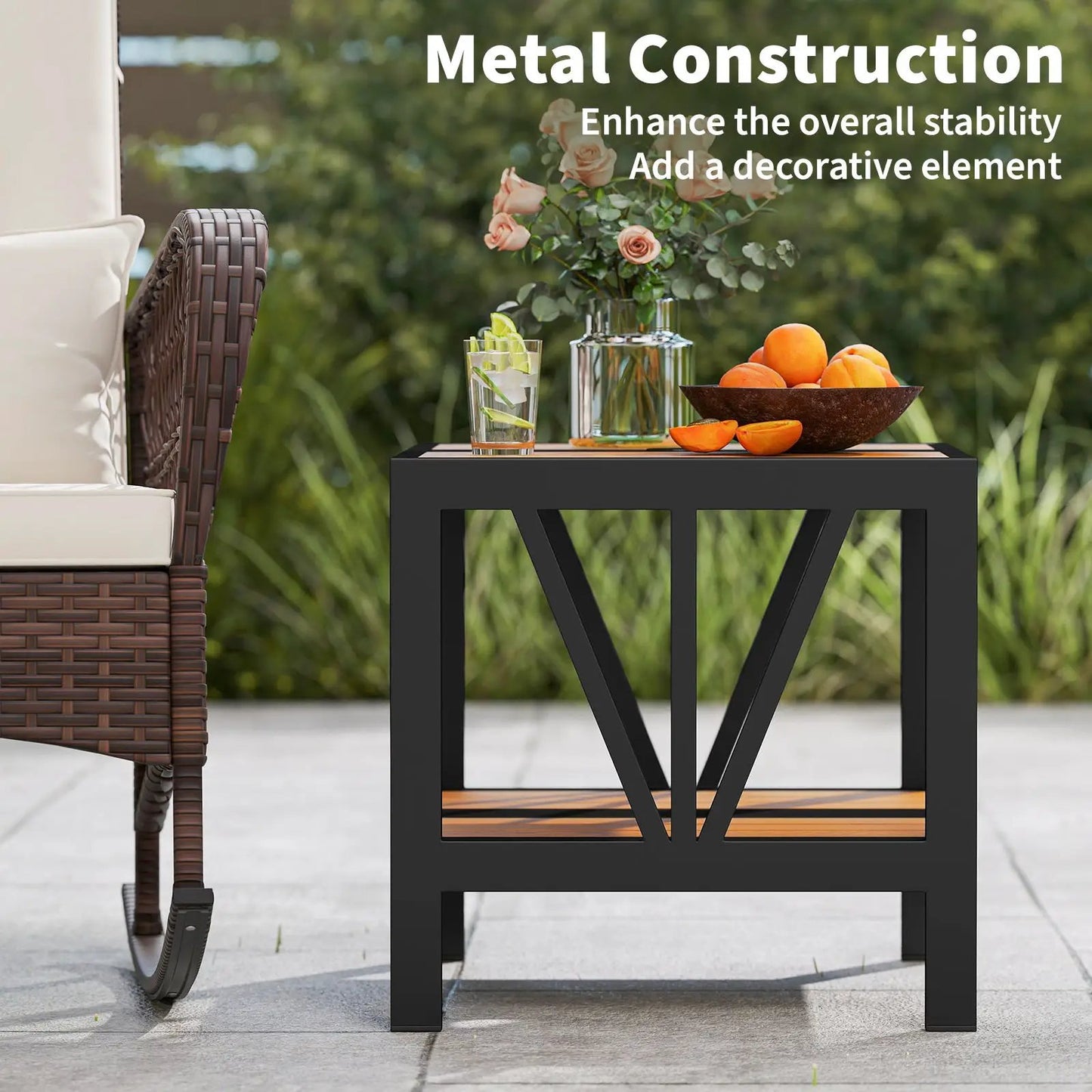 Outdoor Side Table with Umbrella Hole and Shelf black metal DirectDeals with storage shelf on Tampa Home & Garden Store