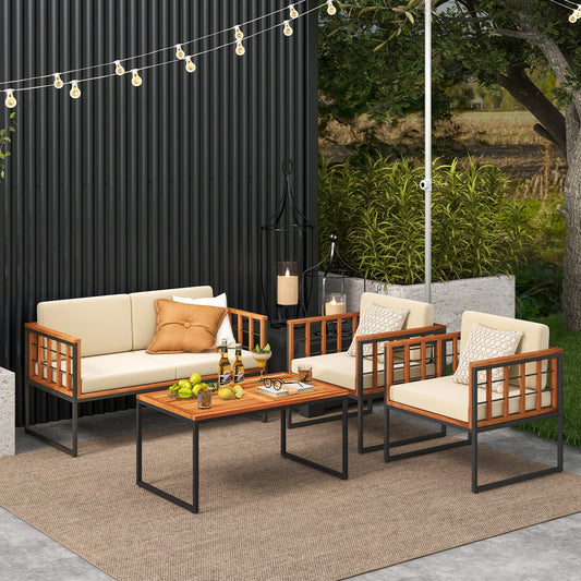 4 Pieces Acacia Wood Outdoor Sofa Set for Balcony Porch Backyard Poolside - Tampa Home & Garden Store
