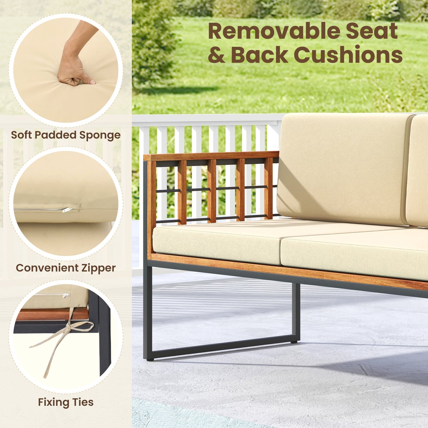 4 Pieces Acacia Wood Outdoor Sofa Set for Balcony Porch Backyard Poolside