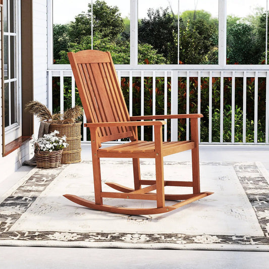 Outdoor Rocking Chair Solid Wood High Back Rocker with Slatted Seat - Tampa Home & Garden Store