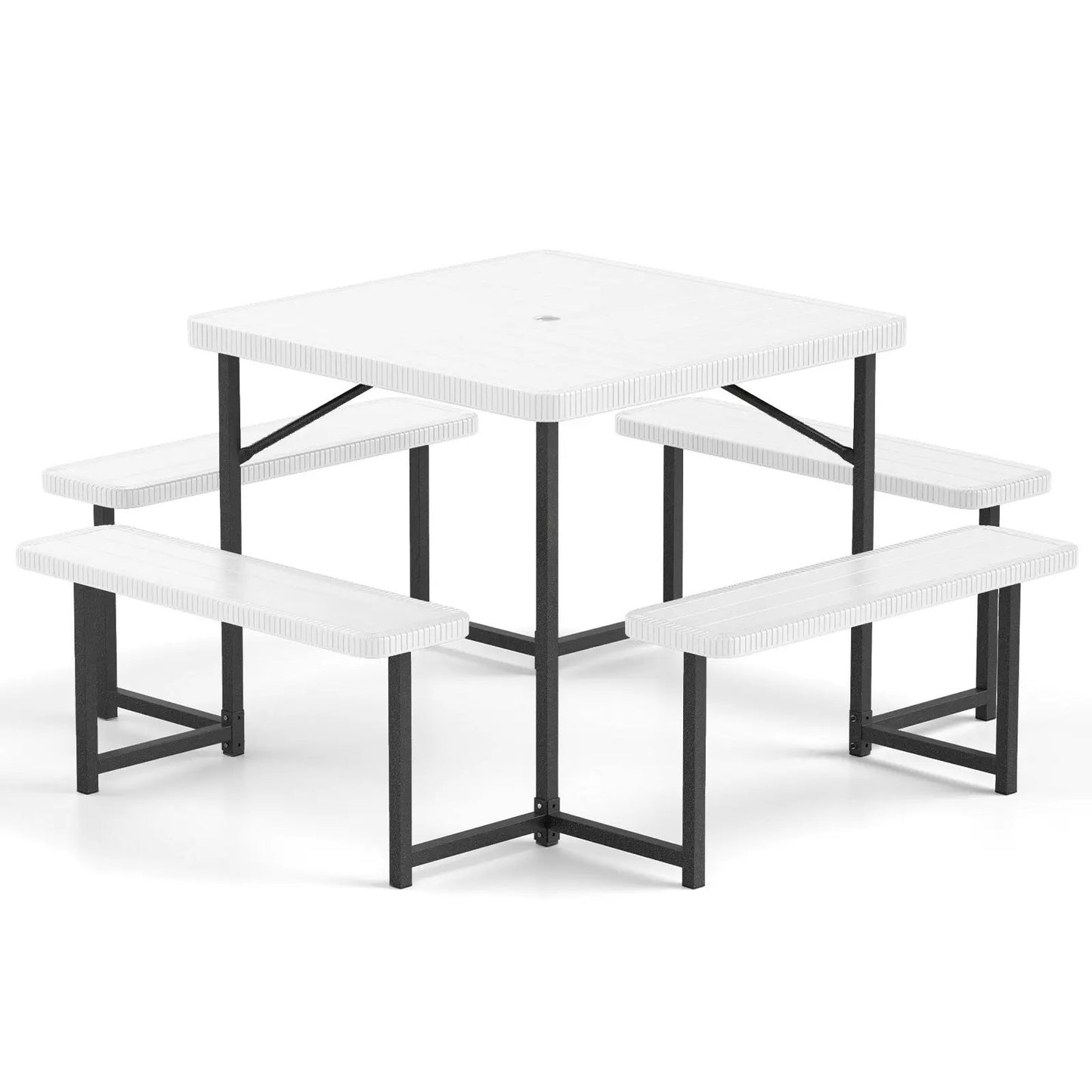 Picnic Table Bench Set for 4-8 with umbrella hole, white slat-top, black steel frame DirectDeals on Tampa Home & Garden Store