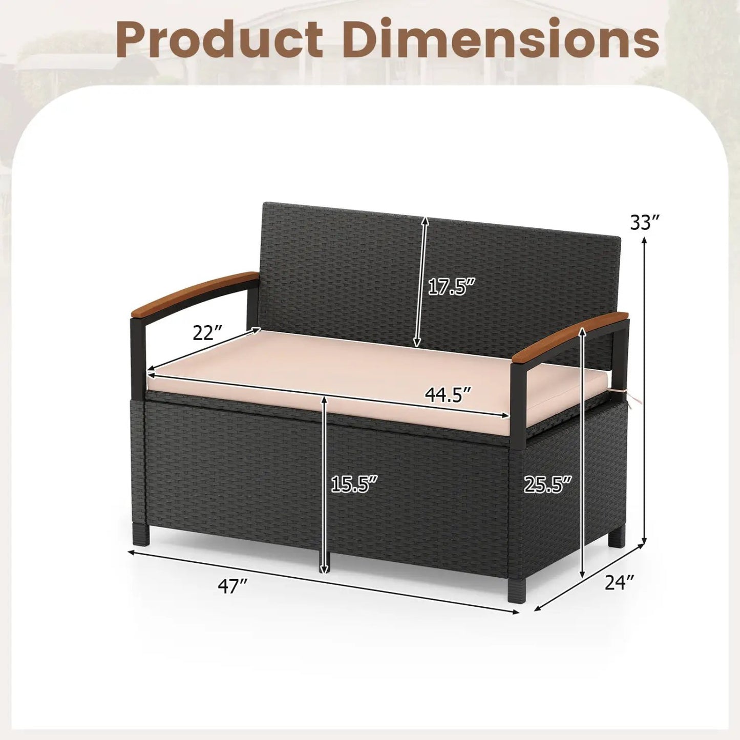 Outdoor storage bench deck box with cushion in black wicker and brown armrests 47x24x33 in on Tampa Home & Garden Store