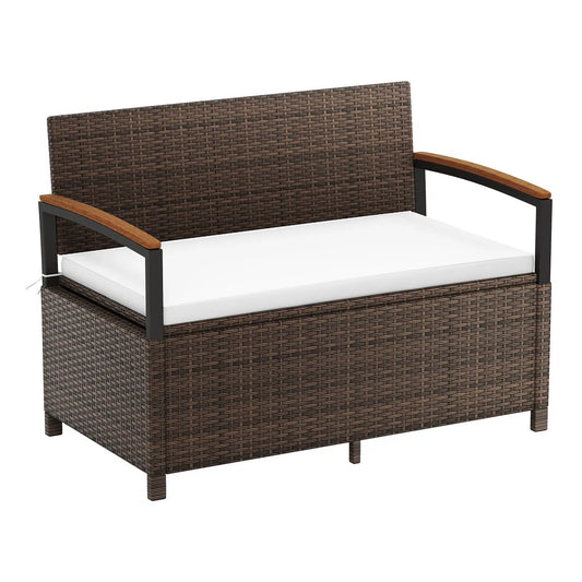 Outdoor storage bench deck box with white cushion, brown wicker, black frame on Tampa Home & Garden Store