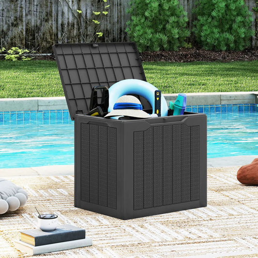 Outdoor 25 Gallon Deck Box with lockable lid, gray plastic with woven panels lid open by pool on Tampa Home & Garden Store