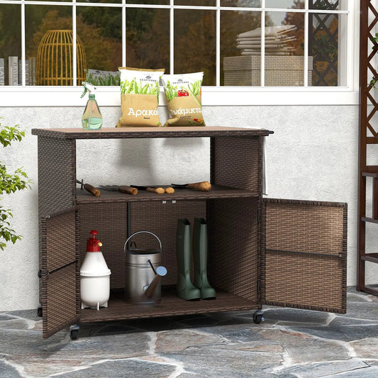 Outdoor wicker storage cabinet with acacia wood top on lockable wheels on Tampa Home & Garden Store