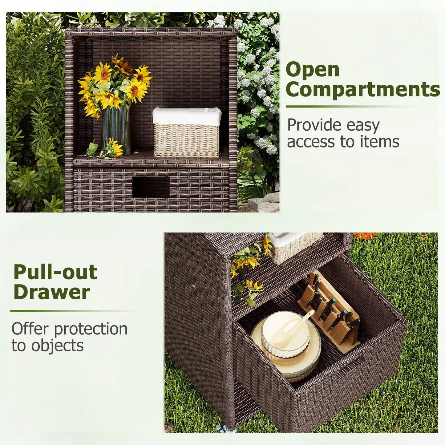 Outdoor Storage Cabinet with Drawer and Shelves brown wicker for garden storage DirectDeals on Tampa Home & Garden Store